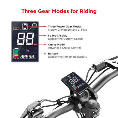 Bicycle speedometer with digital display showing gear modes and battery status on a white background.