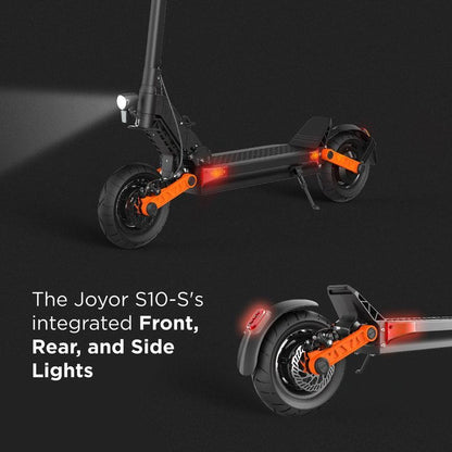 Joyor S10-S scooter with integrated lights on a dark background