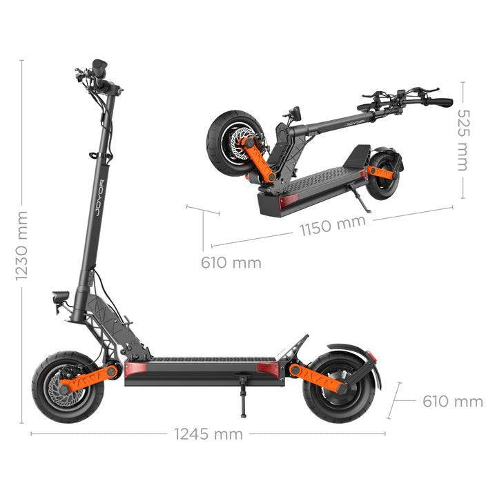 Dimensions of a black electric scooter with orange accents on a white background