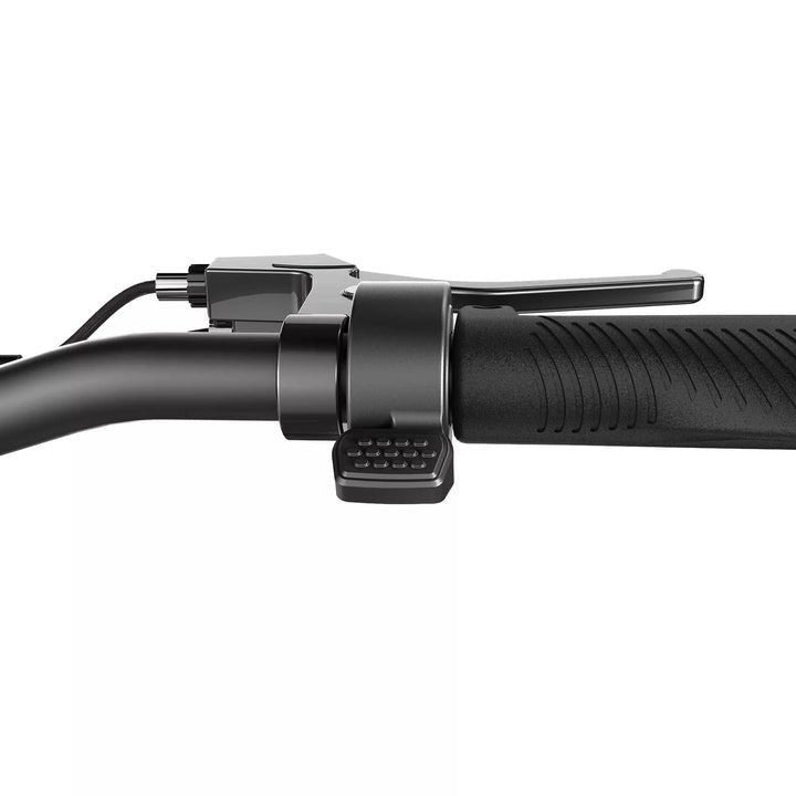 Close-up of a black scooter handlebar with control buttons on a white background