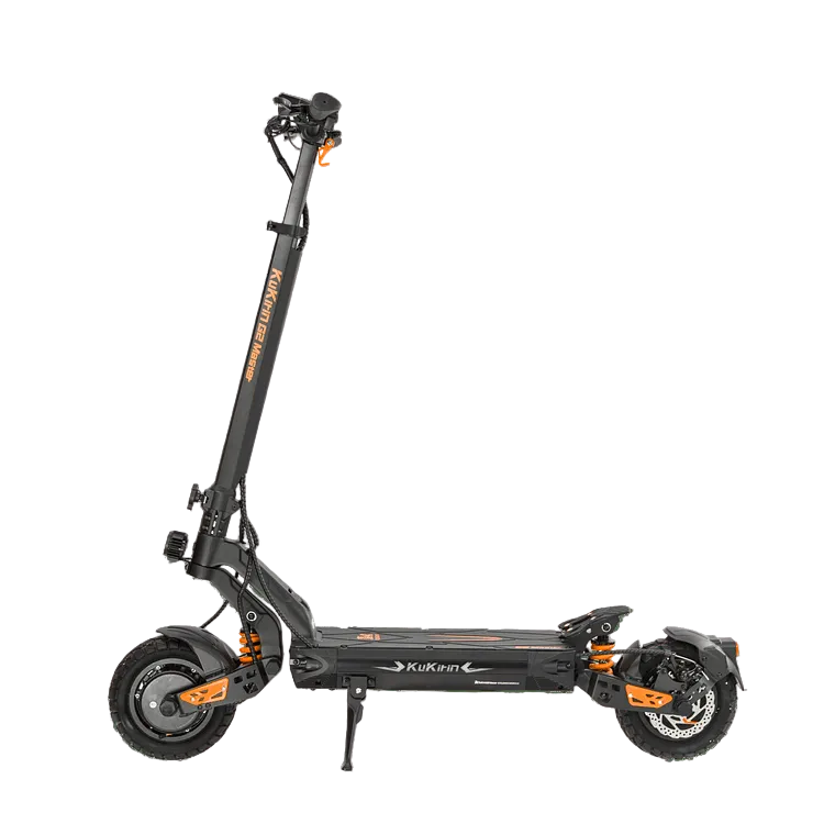 Black electric scooter with orange accents on a transparent background