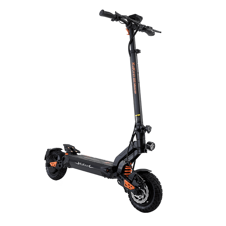 Black electric scooter with orange accents on a white background