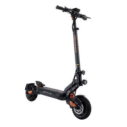 Black electric scooter with orange accents on a white background