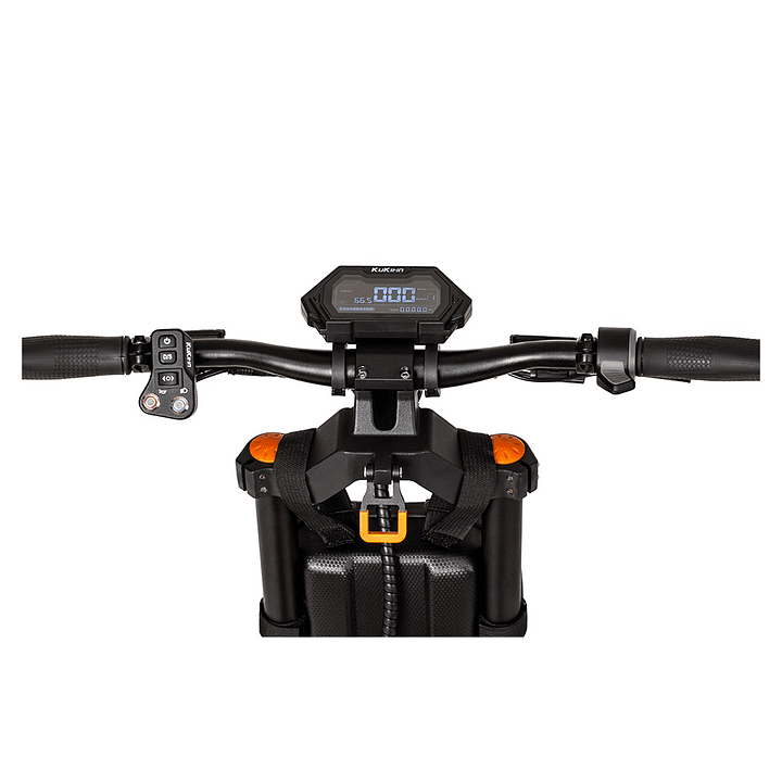 Motorcycle handlebar with digital display and black grips on a white background