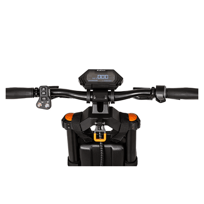 Motorcycle handlebar with digital display and black grips on a white background