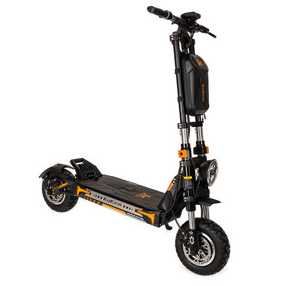 Black and orange electric scooter on a white background