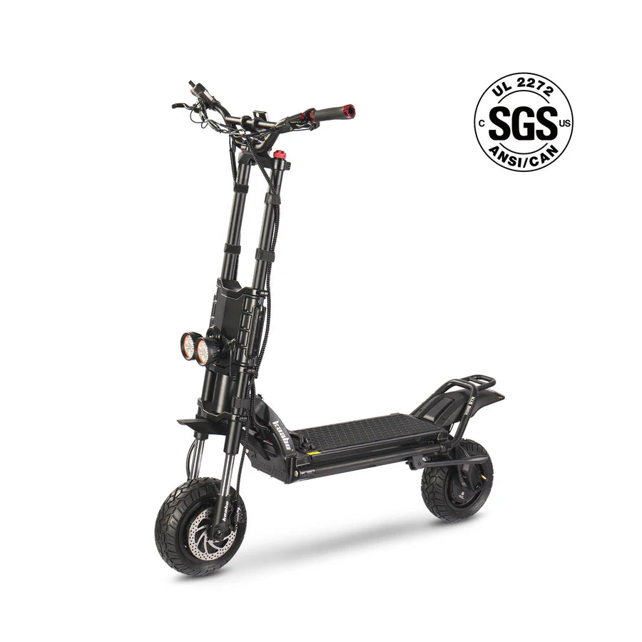 Black electric scooter with SGS certification logo on a white background
