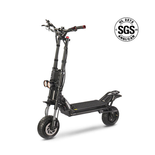 Black electric scooter with SGS certification logo on a white background