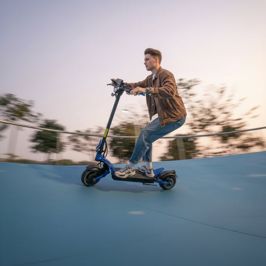 Person riding an electric scooter on a blue surface with trees in the background