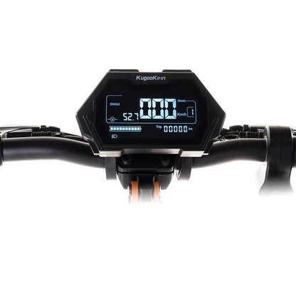 Digital display on a bicycle handlebar with Kugoo branding.
