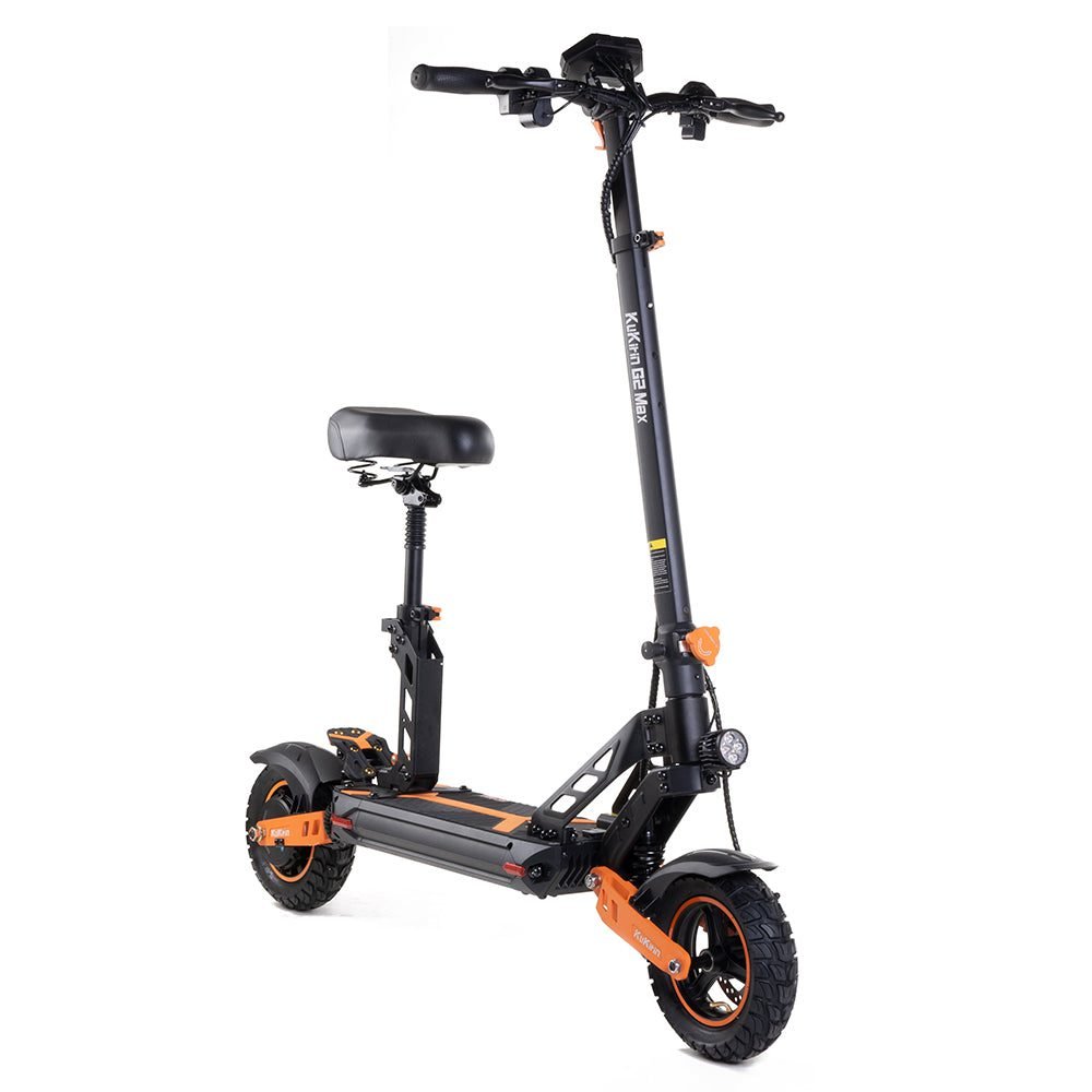 Black and orange electric scooter with a seat on a white background