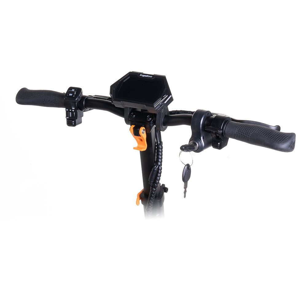 Scooter handlebar with control panel on a white background