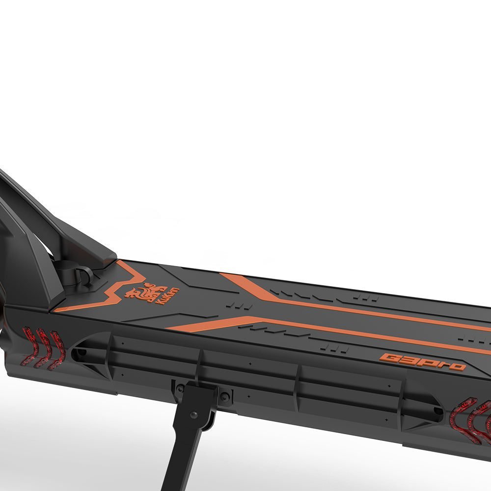 Gaming desk with orange and red accents on a white background