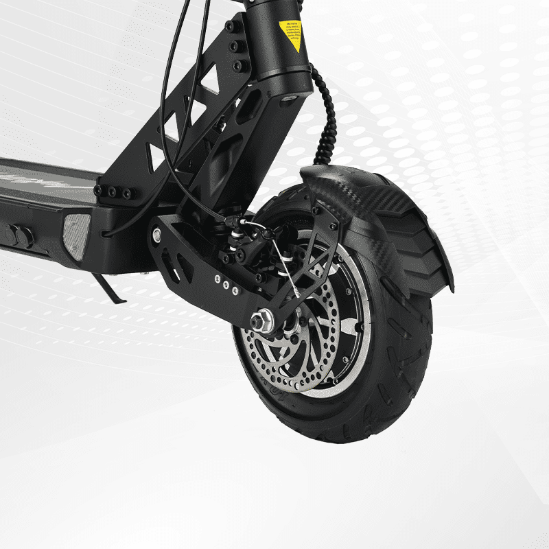 Close-up of an electric scooter's wheel and suspension system on a white background