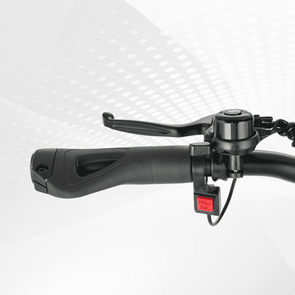 Close-up of a bicycle handlebar with brake lever and bell on a white background