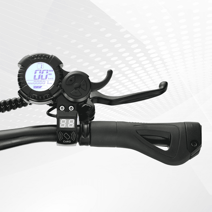 Close-up of a bicycle handlebar with digital display and controls on a white background