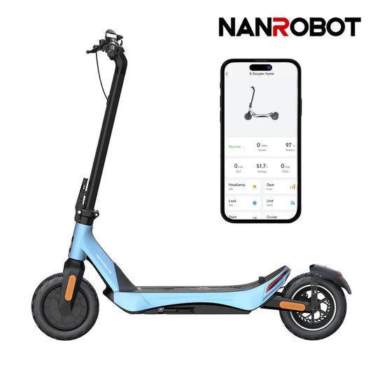 Blue electric scooter with NANROBOT branding and smartphone app display on a white background