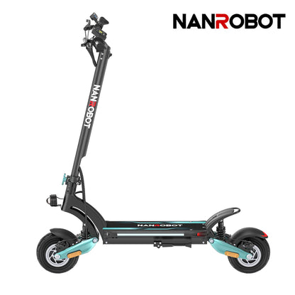 Black electric scooter with turquoise accents on a white background, featuring the NANROBOT brand.