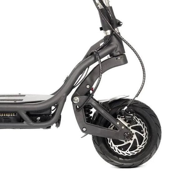 Close-up of a black electric scooter's front wheel and suspension on a white background
