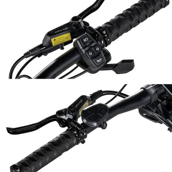 Close-up of motorcycle handlebars with control buttons and wiring on a white background