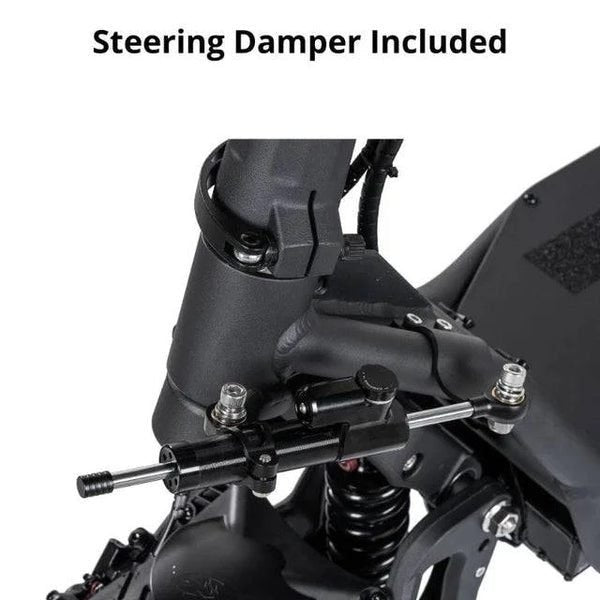 Steering damper included on a motorcycle with text overlay