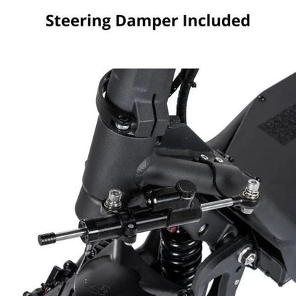 Steering damper included on a motorcycle with text overlay