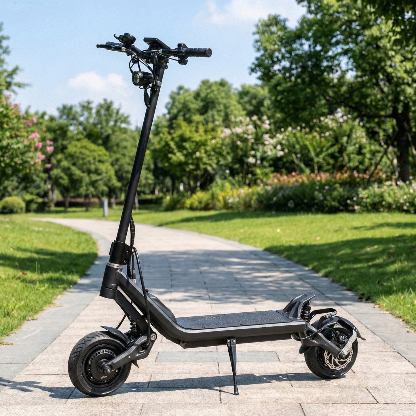 Black electric scooter on a paved path in a park with greenery