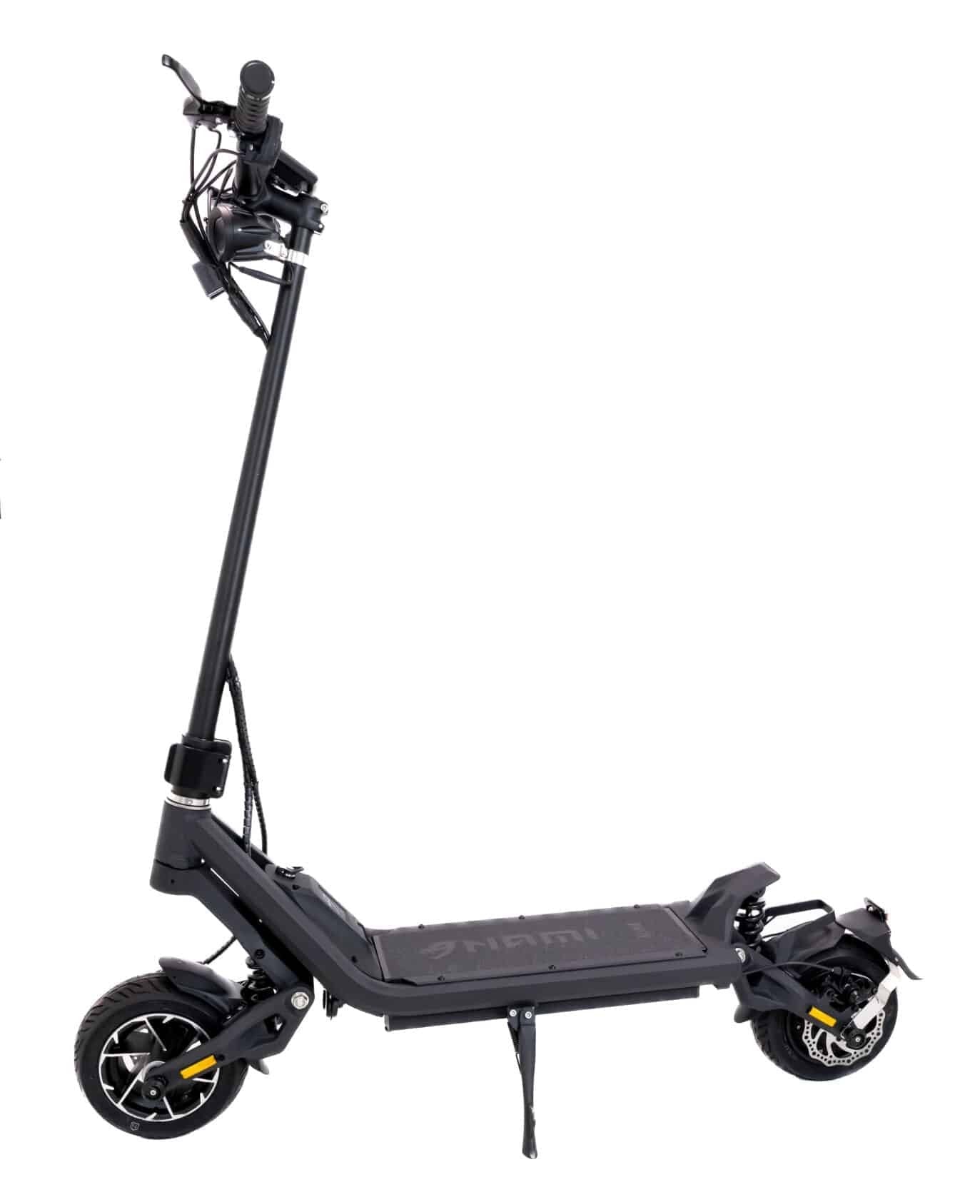 Black electric scooter with stand on a white background