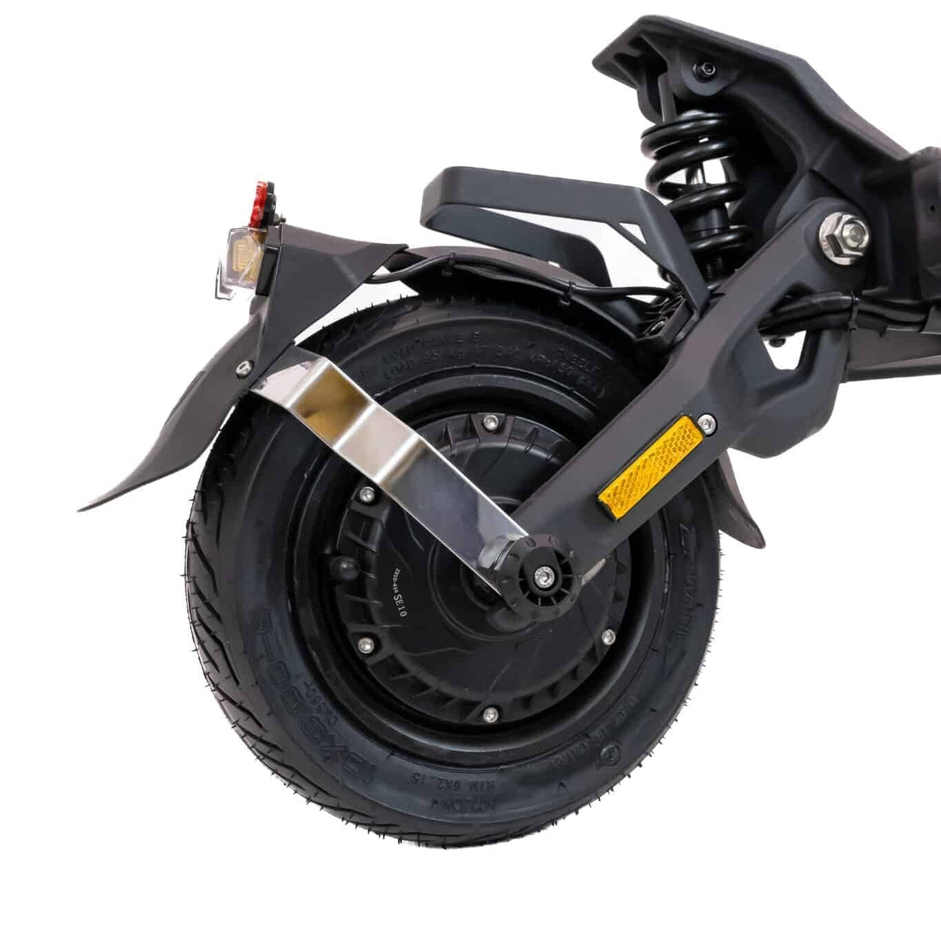 Close-up of a scooter wheel with suspension system on a white background