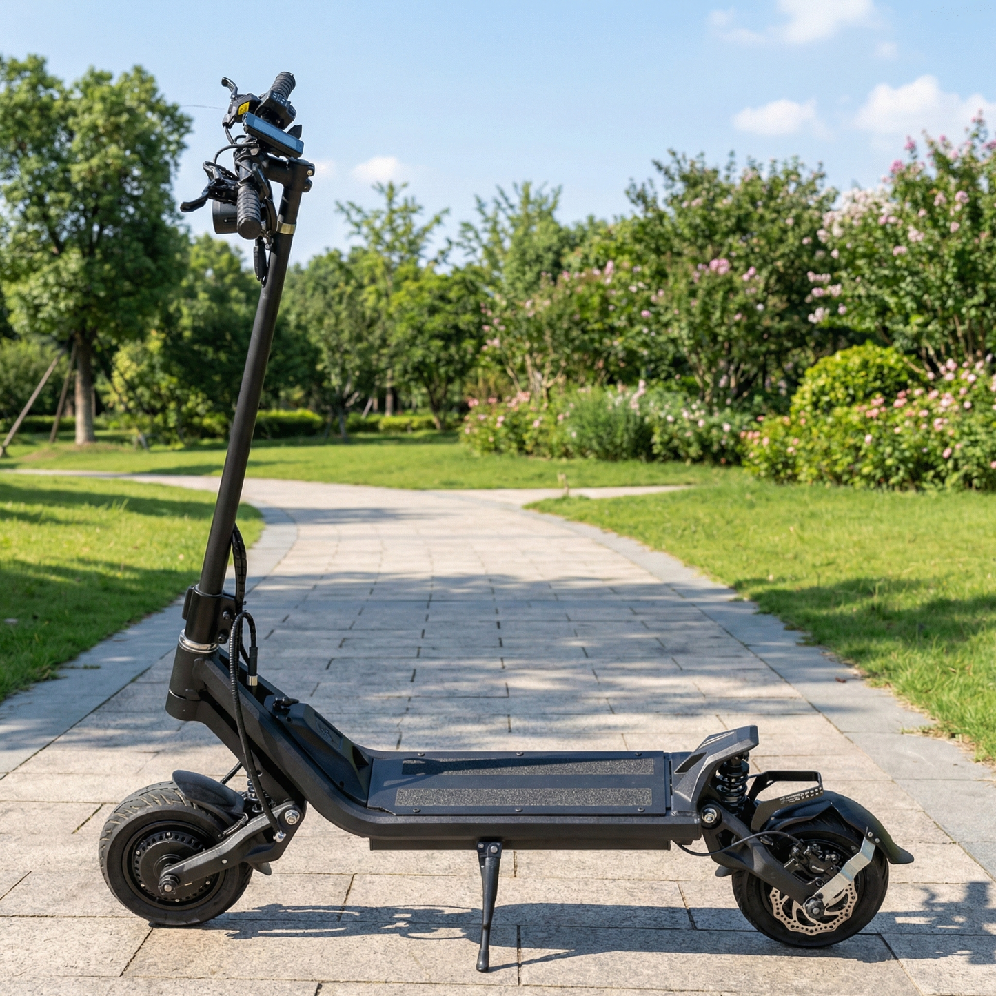 Electric scooter on a paved path with greenery in the background