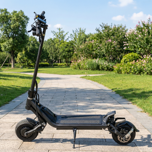 Electric scooter on a paved path with greenery in the background