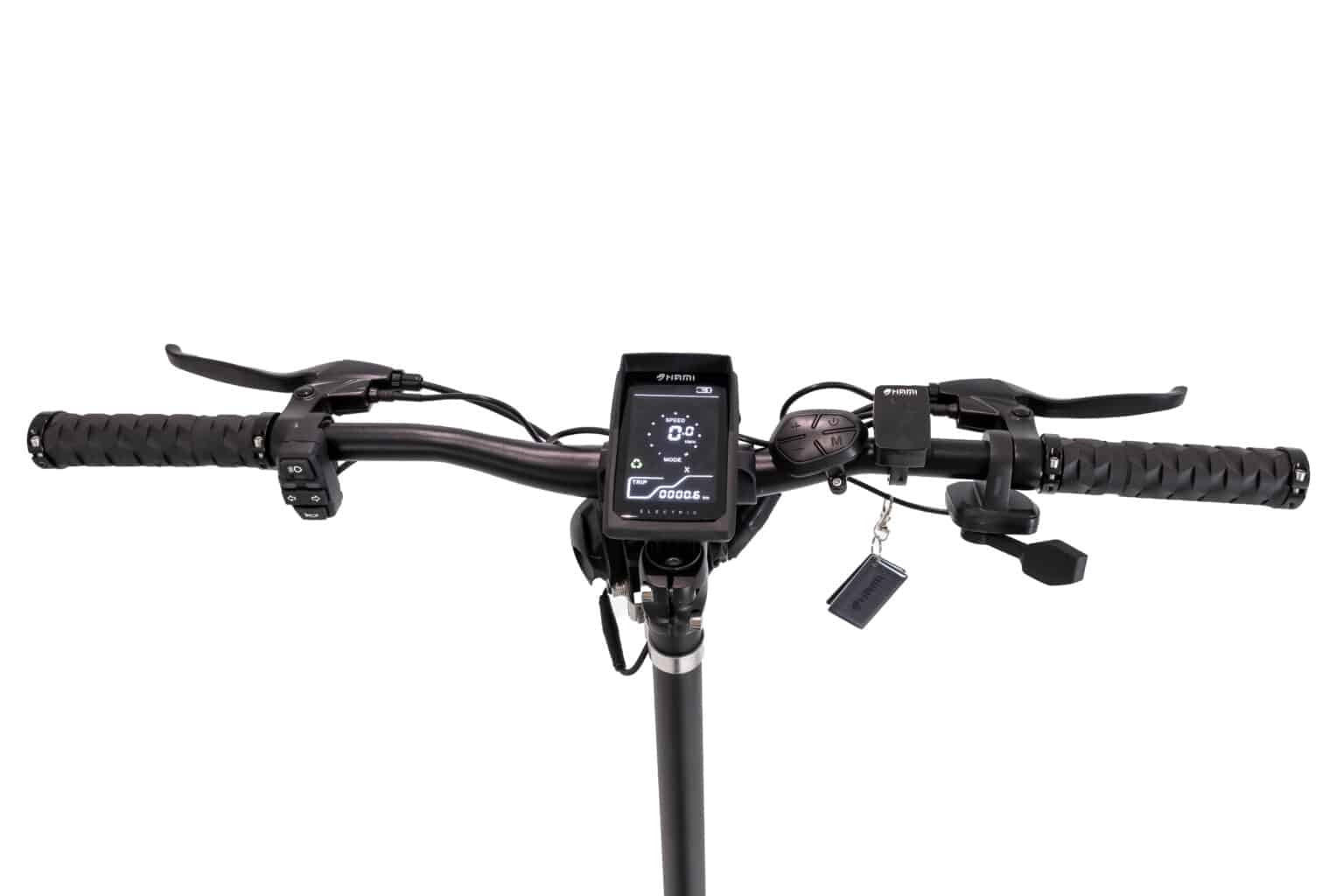 Bicycle handlebar with control panel on a white background