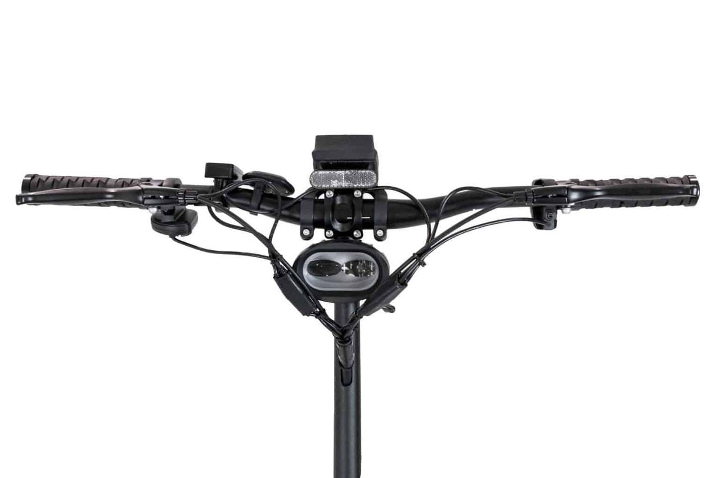 Bicycle handlebar with electronic components on a white background
