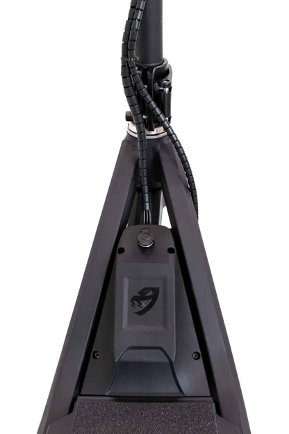 Black tripod stand with a logo on a white background
