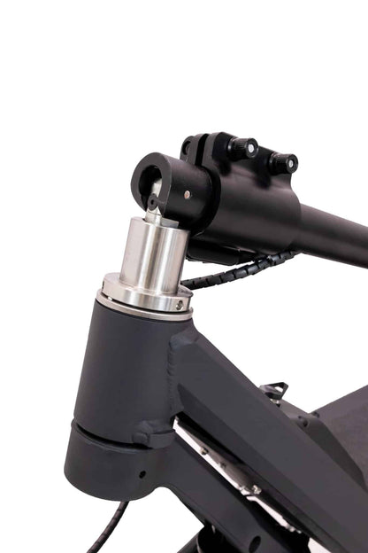 Close-up of a scooter's head tube and front suspension fork on a white background