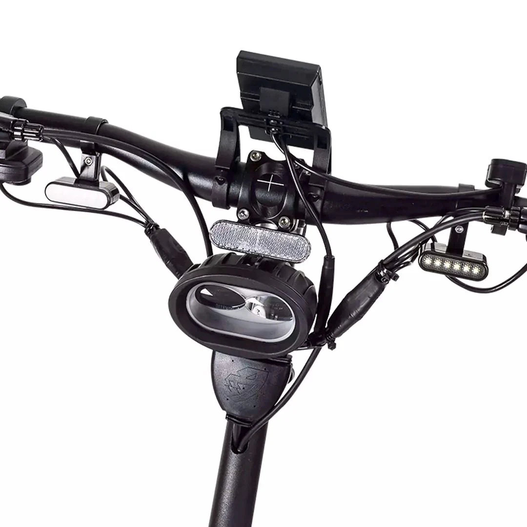 Close-up of a scooter handlebar with various components on a white background