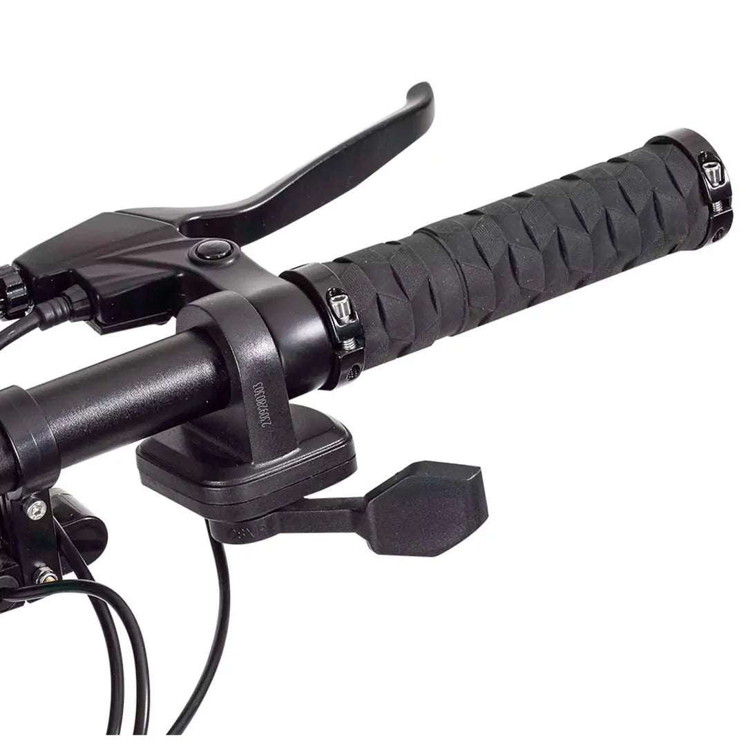 Close-up of scooter handlebar with black grips and controls on a white background
