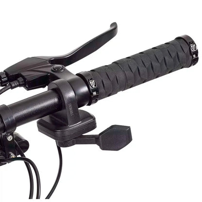 Close-up of scooter handlebar with black grips and controls on a white background