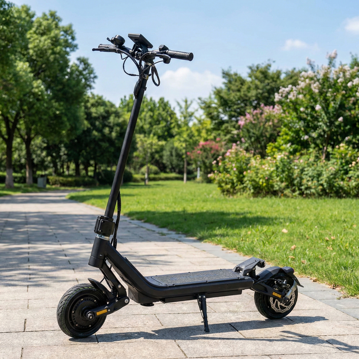 Black electric scooter on a paved path with greenery in the background
