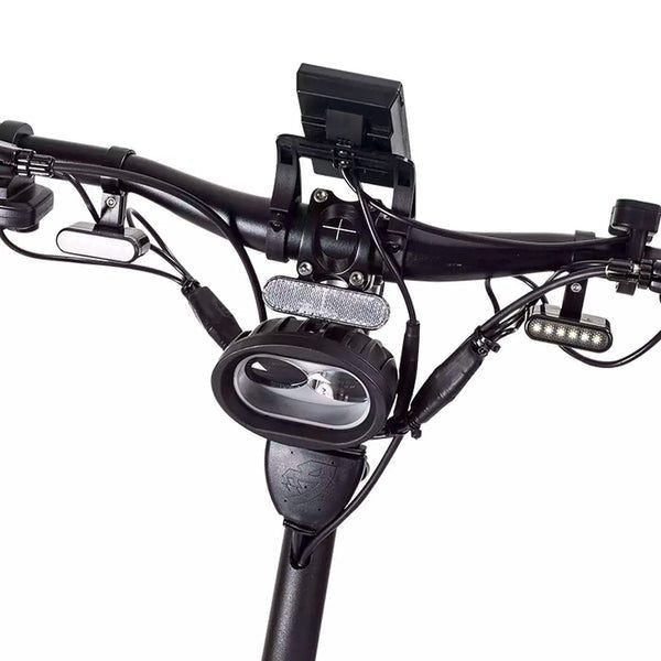 Close-up of a bicycle handlebar with lights and a camera on a white background
