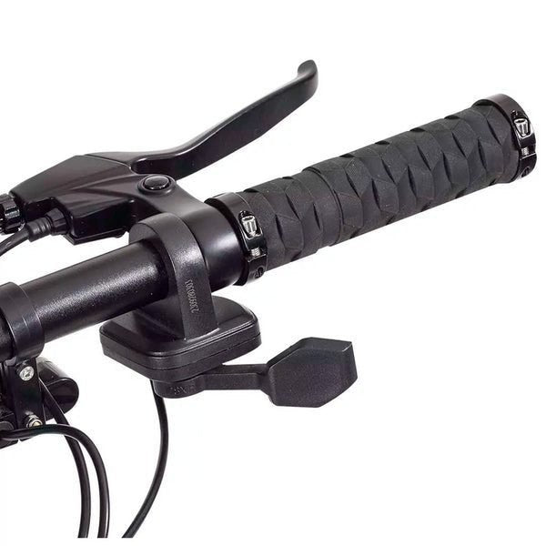 Close-up of a motorcycle handlebar with black grips and controls on a white background