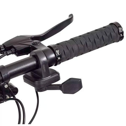 Close-up of a motorcycle handlebar with black grips and controls on a white background