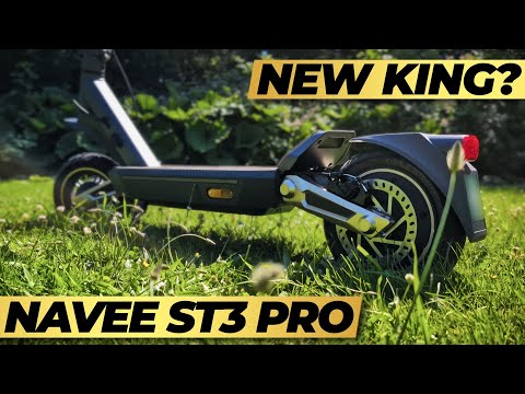 Navee ST3 Pro scooter on grass with text 'New King?' and 'Navee ST3 Pro'.