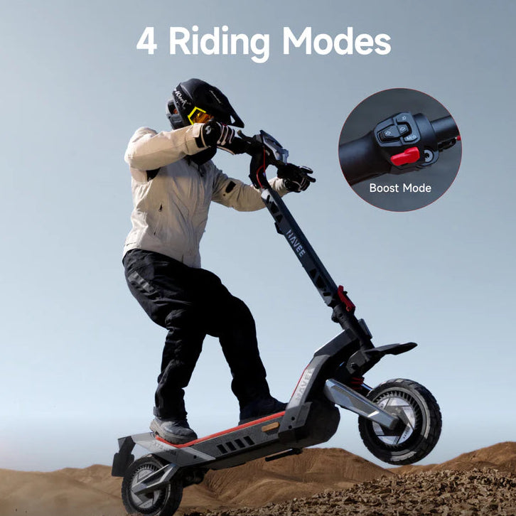 Person riding an electric scooter with text on riding modes against a desert background