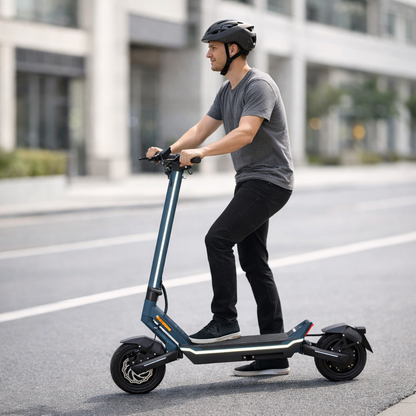 Man riding an electric scooter on a city street