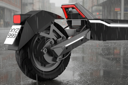 Close-up of a scooter wheel with a visible brand name on a white background