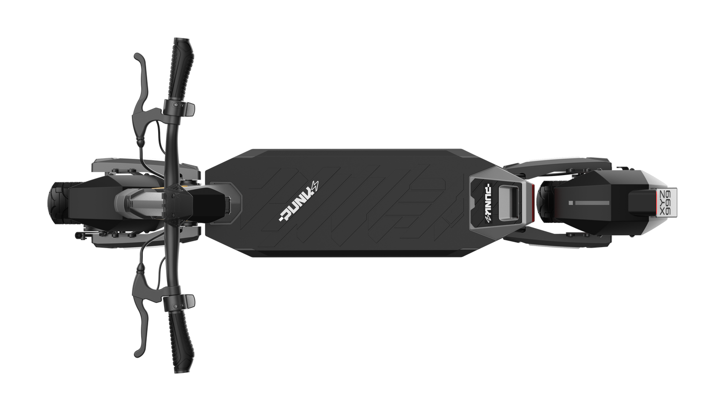 Black electric scooter with visible branding on a white background