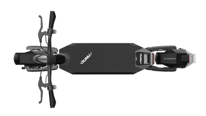 Black electric scooter with visible branding on a white background