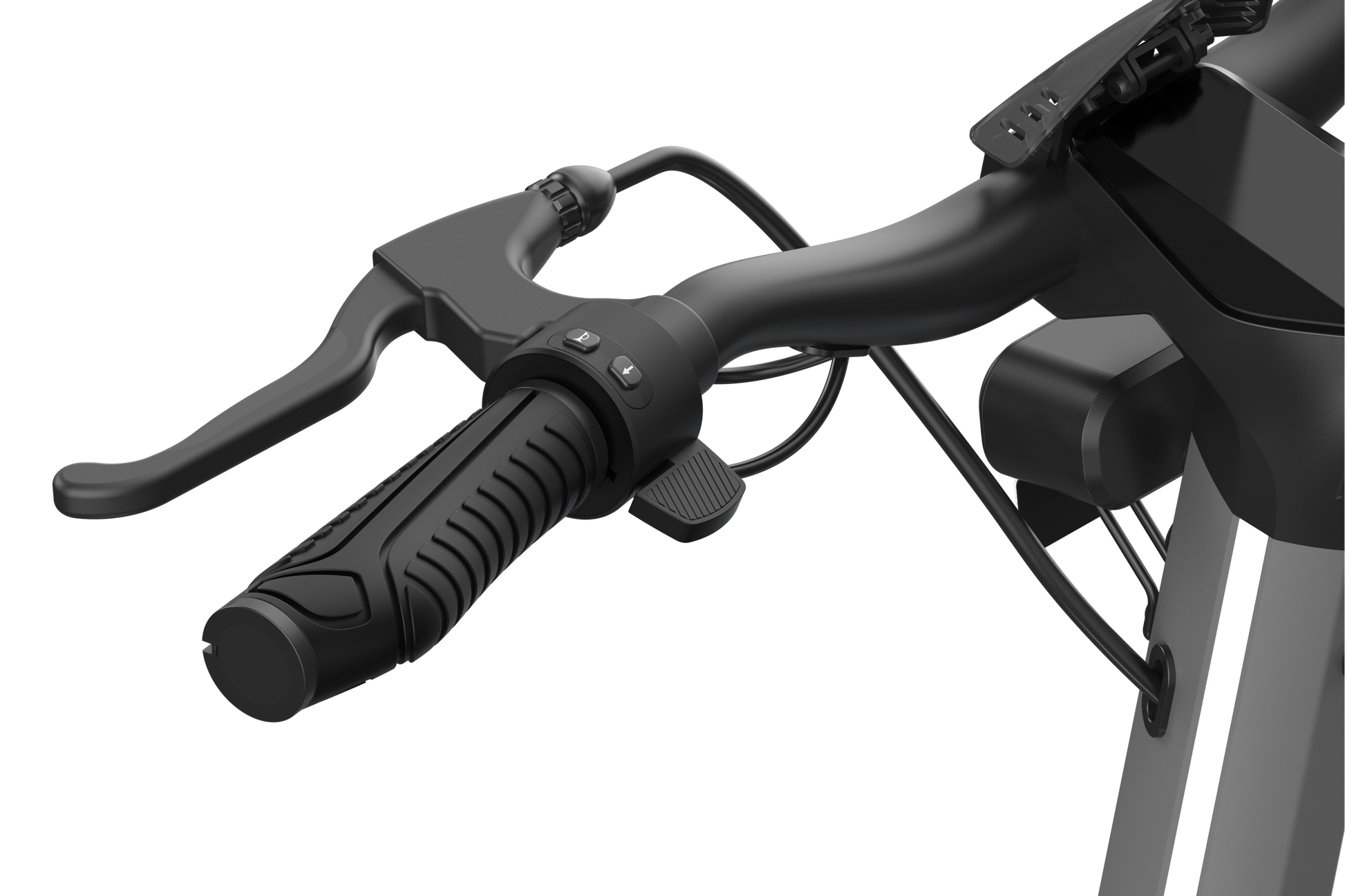 Close-up of a bicycle handlebar with brake levers on a white background