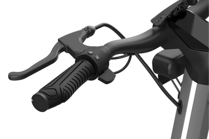 Close-up of a bicycle handlebar with brake levers on a white background